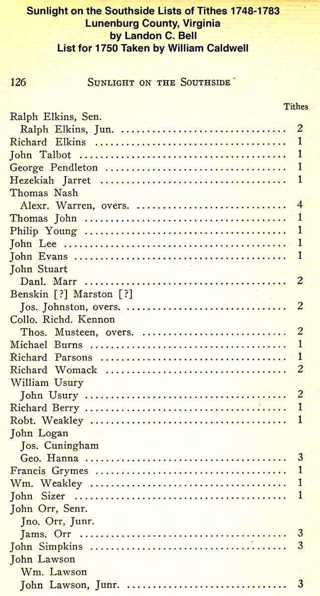 Lunenburg County, VA Tithes 1750